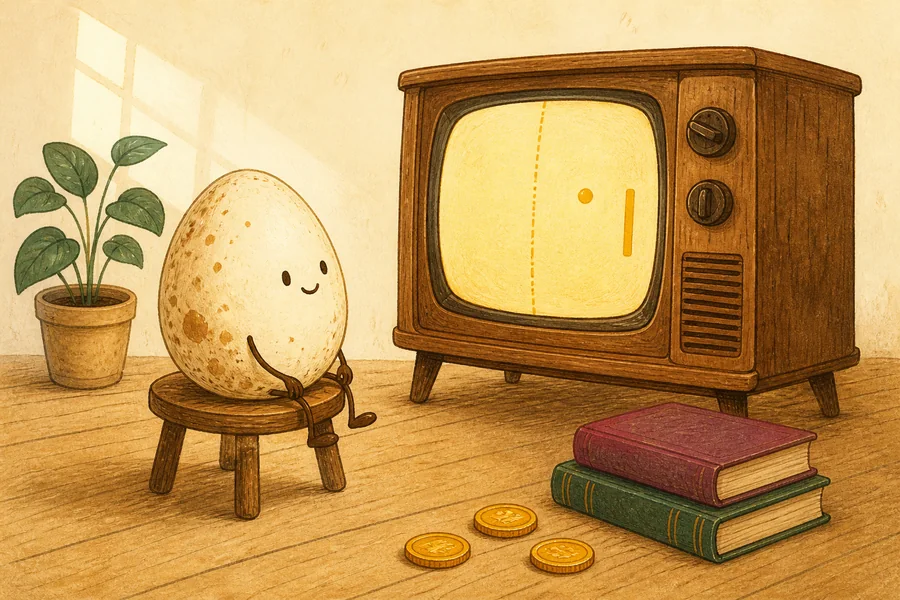 Un huevo con patas sentado frente a un televisor de madera encendido, con monedas y libros alrededor.
